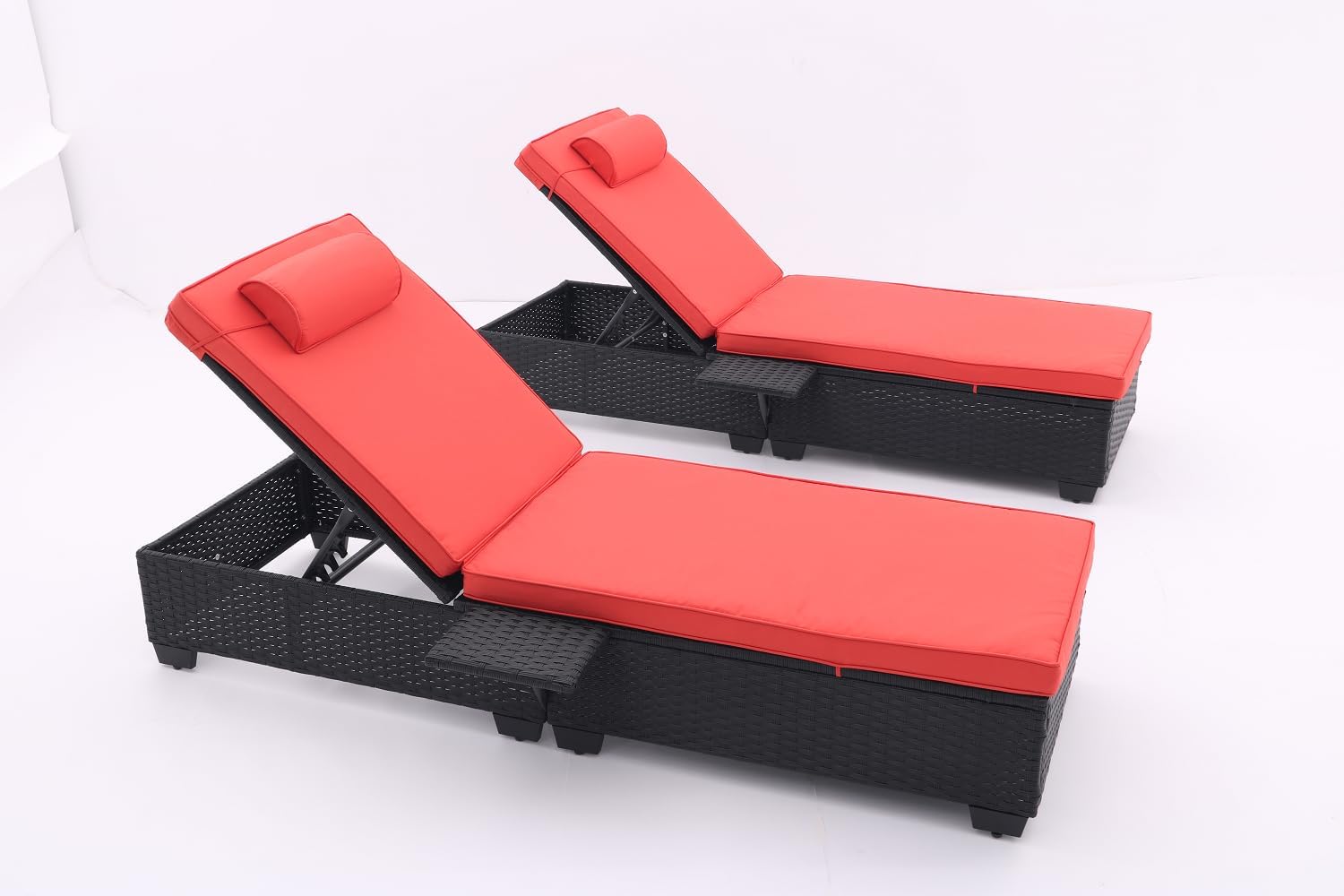 Outdoor Patio Chaise Lounge Chair Set of 2 with PE Rattan and Steel Frame，Extra Space and 5 Adjustable Positions - Easy to Assemble and Maintain(Black+Red)