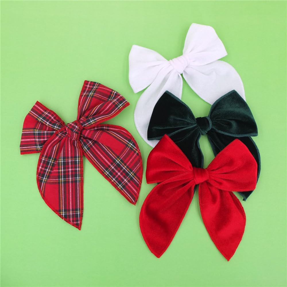 Velvet Plaid Bow Hair Clips and Accessories for Little Girls and Baby Moms - Red Green White Tartan Christmas Fable (4 Pack) - Image 2