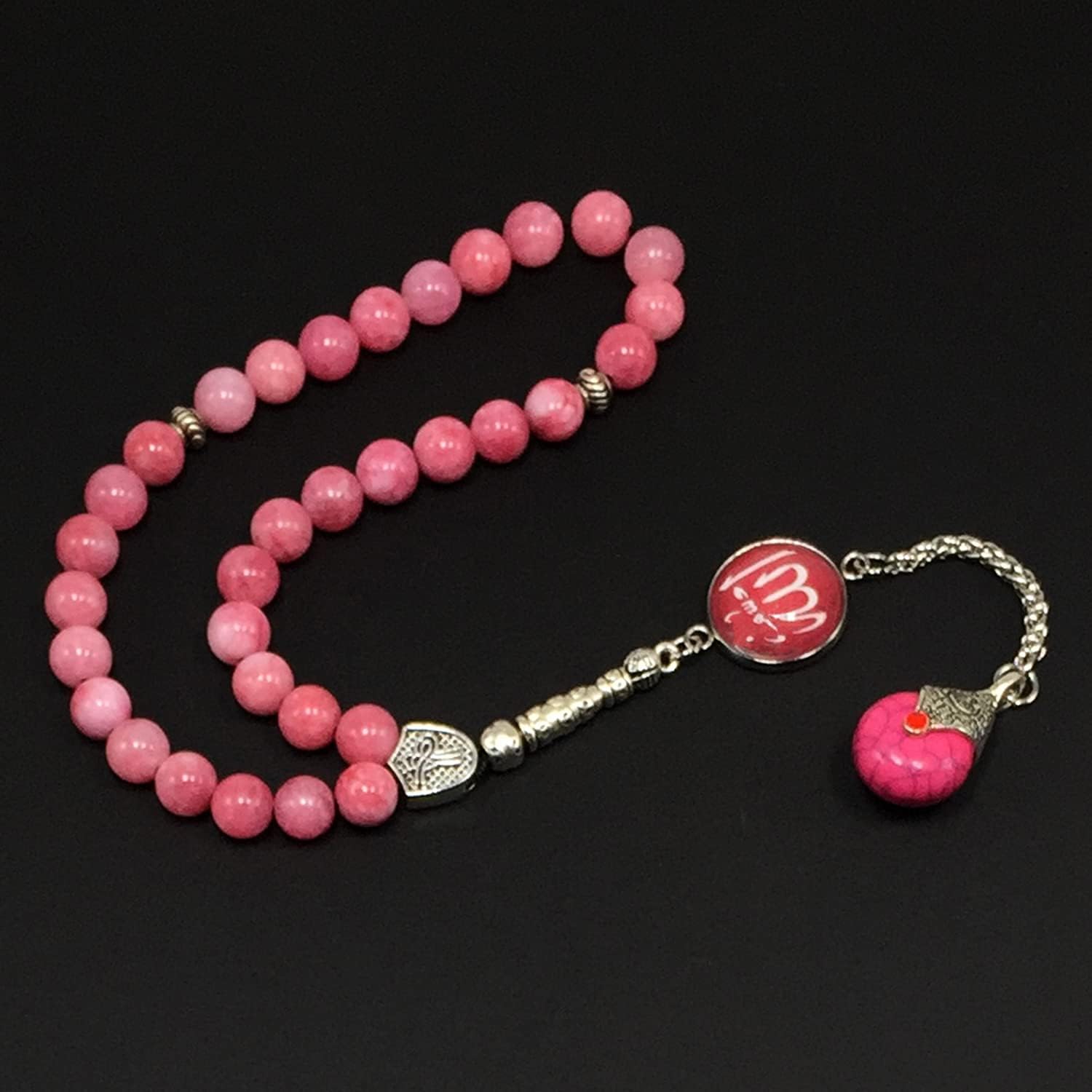 -ELEGANCE COLLECTION- Prayer Beads-Tesbih-Tasbih-Tasbeeh-Misbaha-Masbaha-Subha-Sebha-Sibha-Rosary (Natural Rhodonite Stone and Teardrop Tassel Tesbih -8 mm, 33 Beads-)