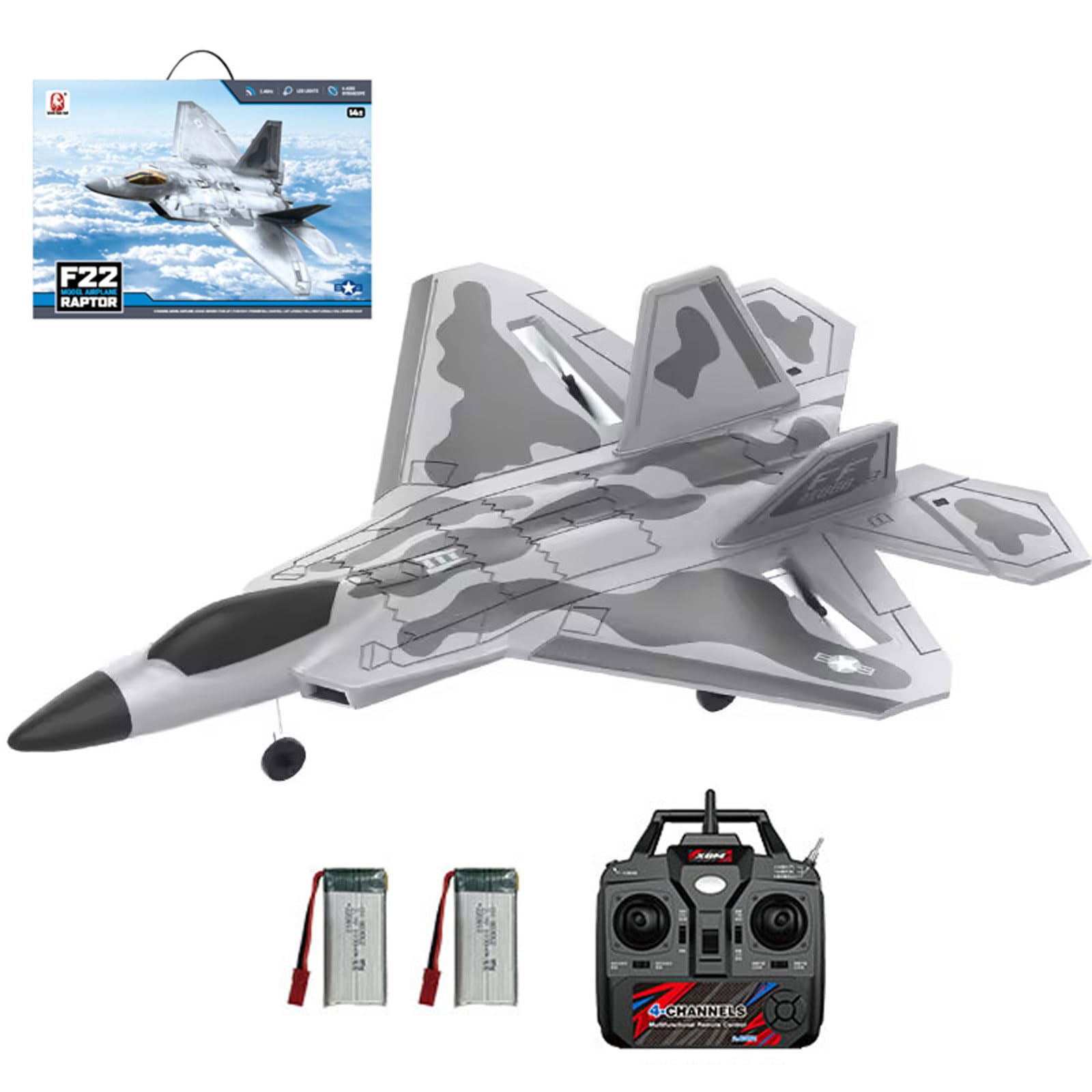 RC Plane 4 Channel, F22 Remote Control Airplane, 2.4GHZ RC Jet Fighter with 6-Axis Gyro Stabilizer, 3D/6G Mode, 2 Batteries, RC Fighter Aircraft Plane for Adults Beginners