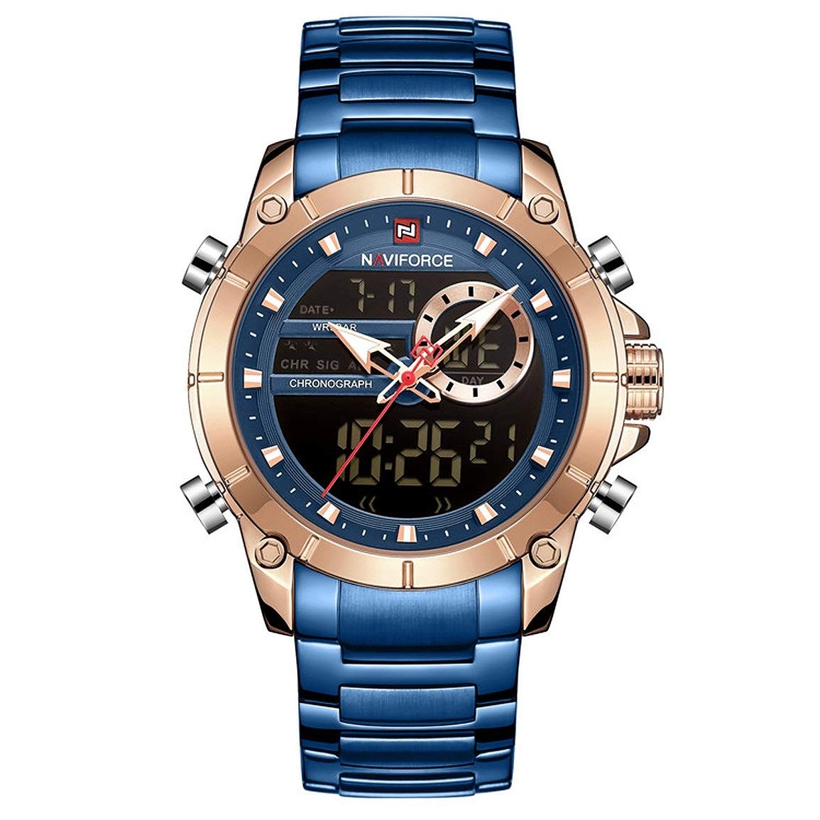 NAVIFORCE Mens Military Sport Wrist Watch Quartz Steel Water-Resistant Dual Analog-Digital Blue, Gold Display Male Clock Watches Relogio Masculino 9163 (B0852MQ4Z9) Amazon Price History, Amazon Price Tracker
