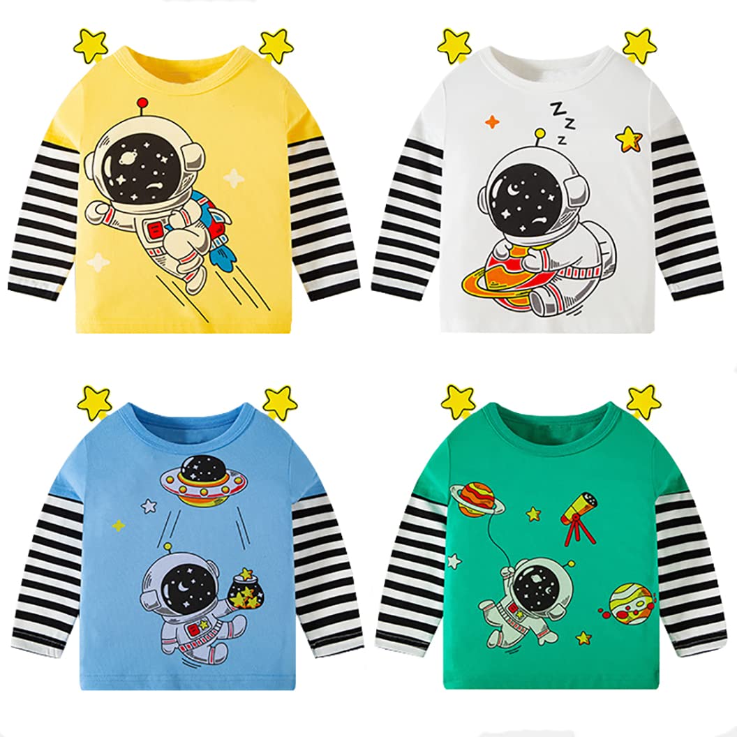 Camiseta de manga larga para niños, lindas camisetas para niñas, diseño de animales, astronauta espacial, rayas blancas y negras