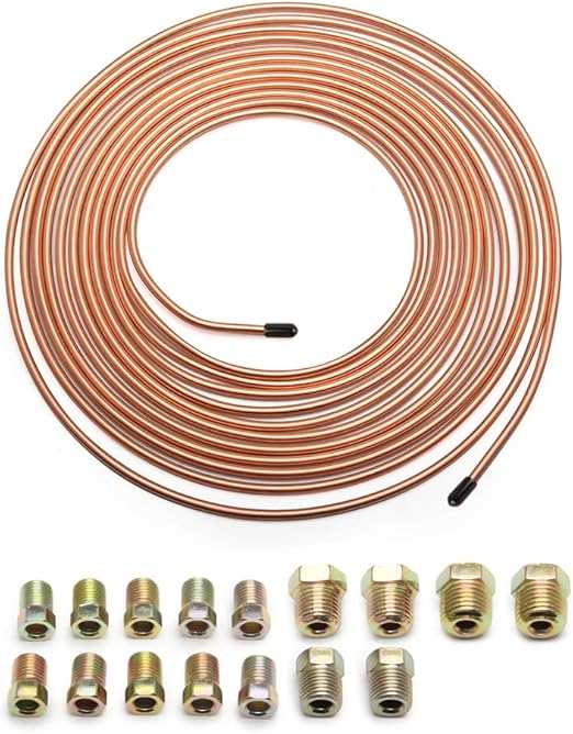 25Ft of 3/16 Brake Line Kit - Includes 16 Inverted Flare Brake Line Fittings - Zinc Plated Copper Brake Line Tubing - Universal Copper Coil Brake Line Repair Kit for Car,Home,Industrial (Gold)