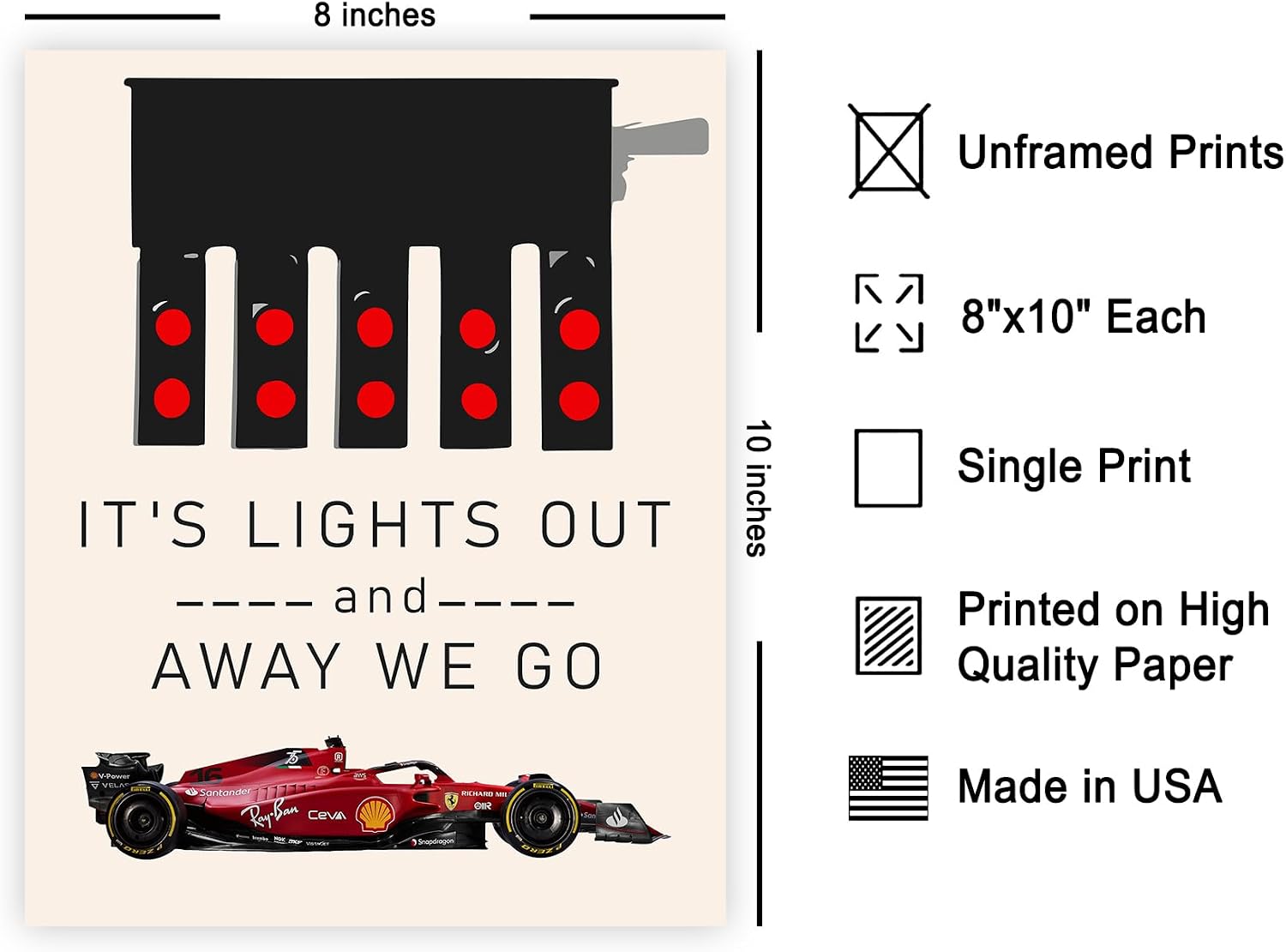Poster Master It's Lights Out and Away We Go Poster - Race Car Print - Sports Art - Racer Design - Car Enthusiast Graphic - Garage or Office Wall Decor - 8x10 UNFRAMED Wall Decor