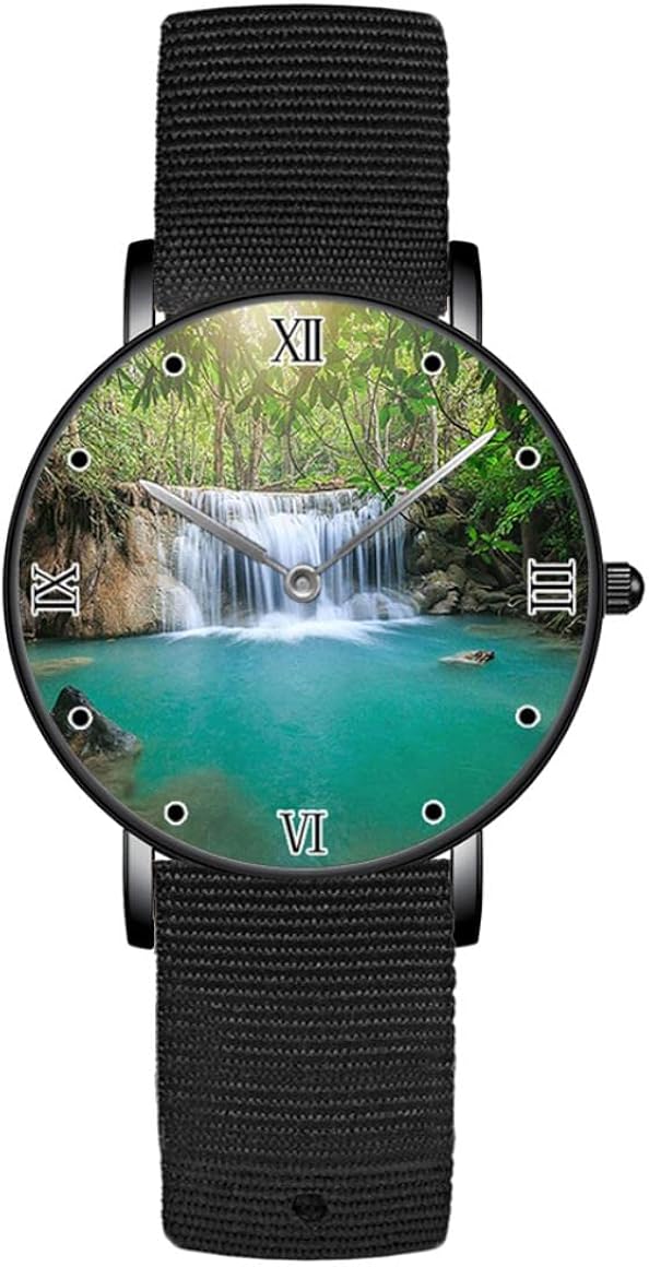 Relojes ocultos de cascada exótica bosque mamá hermana para hombres mujeres vestido ultrafino a juego relojes de pulsera para regalos relojes con correa de malla de nailon negro, negro