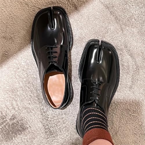 Image of Kluolandi Split Toe Loafers for Women Tabi Shoes Platform Chunky Heel Loafers Lace Up Business Casual Black Leather Shoes