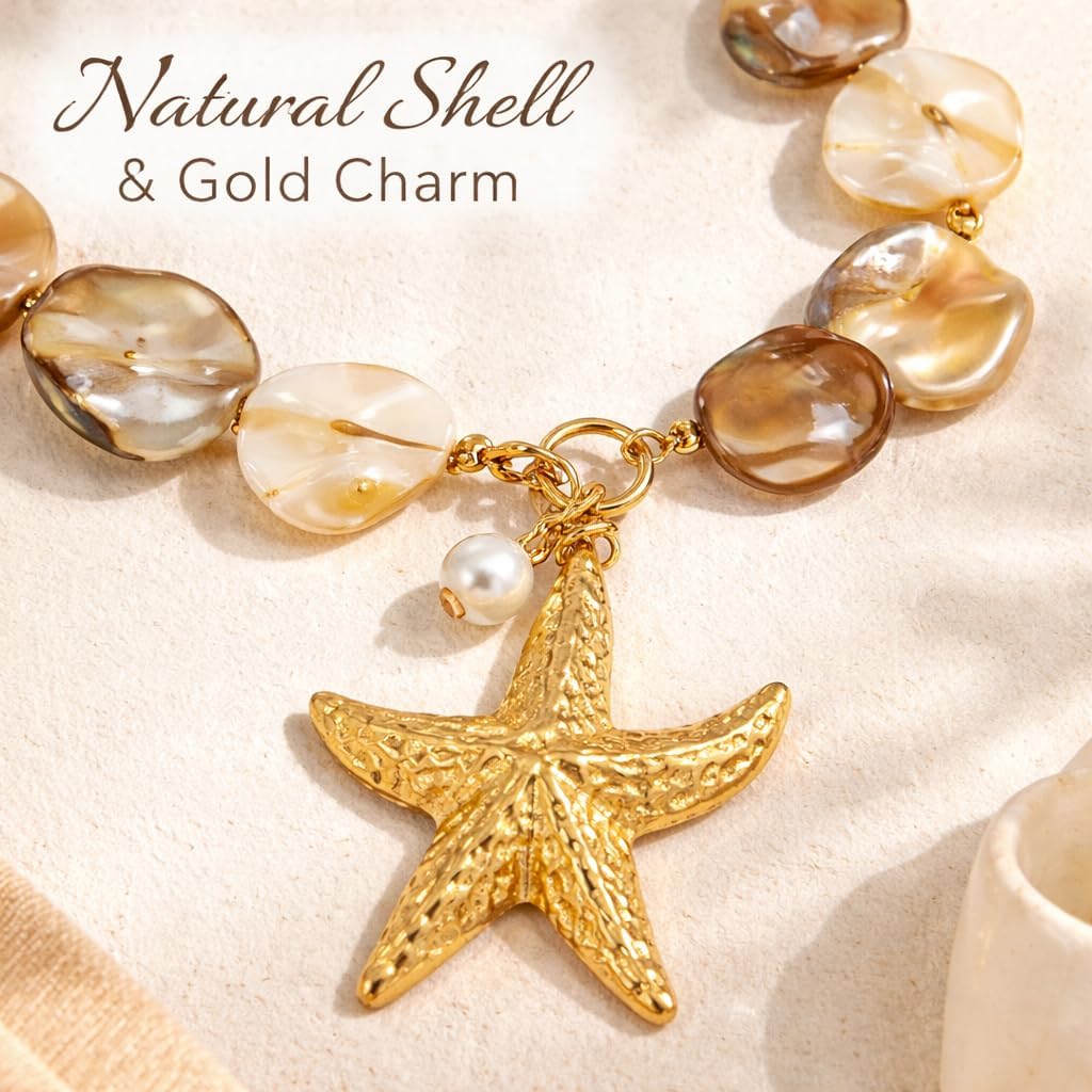Yumikoo Chunky Shell Necklace for Women, Beach Necklace with Gold Starfish Pendant, Summer Chunky Beaded Statement Necklace, Shell Necklaces for Women