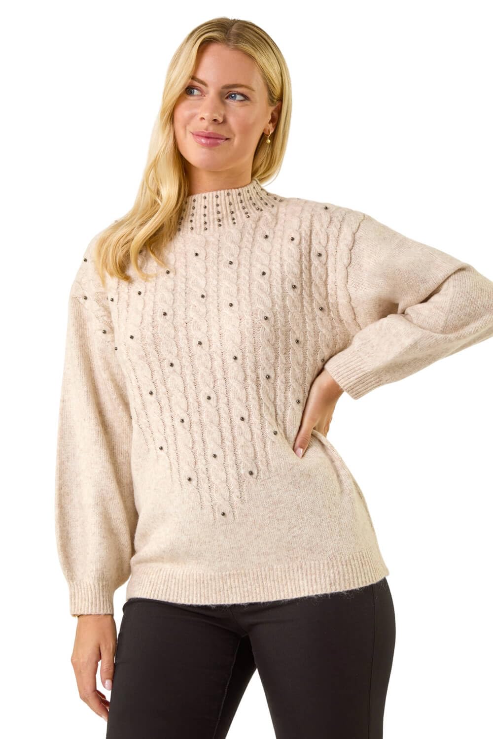 Roman Women's Cream Petite Embellished Cable Knit Jumper In | Size: 16