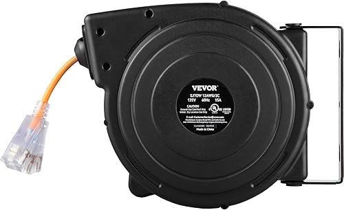 Miniatura 11 de VEVOR Retractable Extension Cord Reel, 45 FT, Heavy Duty 12AWG/3C SJTOW Power Cord, with Lighted Triple Tap Outlet, 15 Amp Circuit Breaker, 180°