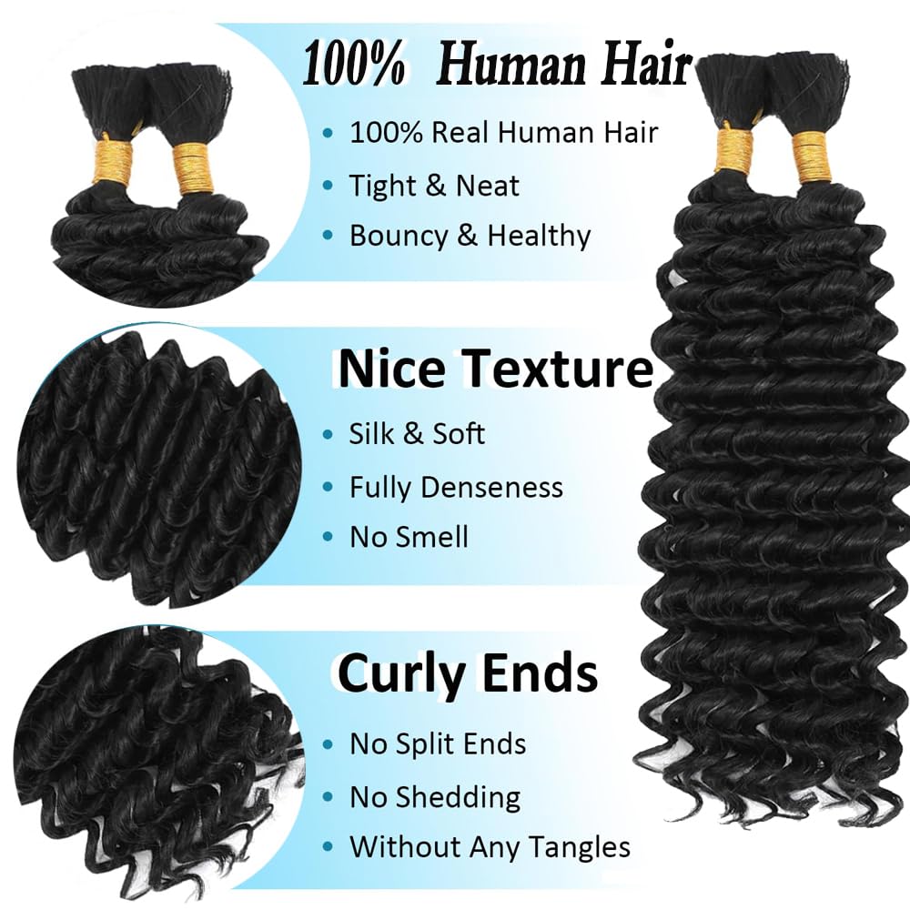 Gsoroel Deep Wave Human Braiding Hair #1B Natural Black Color Weave 2 Bundles Total 100g Unprocessed No Weft Boho Braids Human Hair Extensions 20 20 Inch - Image 4
