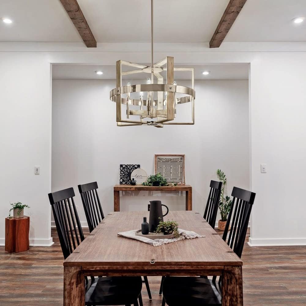 KICHLER Peyton 17.75" 5 Light Chandelier White Washed Wood and Polished and Satin Nickel Metal Details