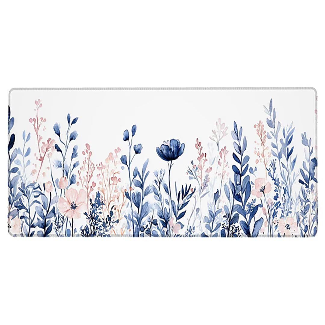 Podkładka pod mysz XXL, kwiat, duża podkładka pod mysz dla graczy, 1600 x 800 x 3 mm, biała podkładka pod mysz ze szwami na krawędziach, ponadwymiarowa, antypoślizgowa gumowa podkładka pod mysz