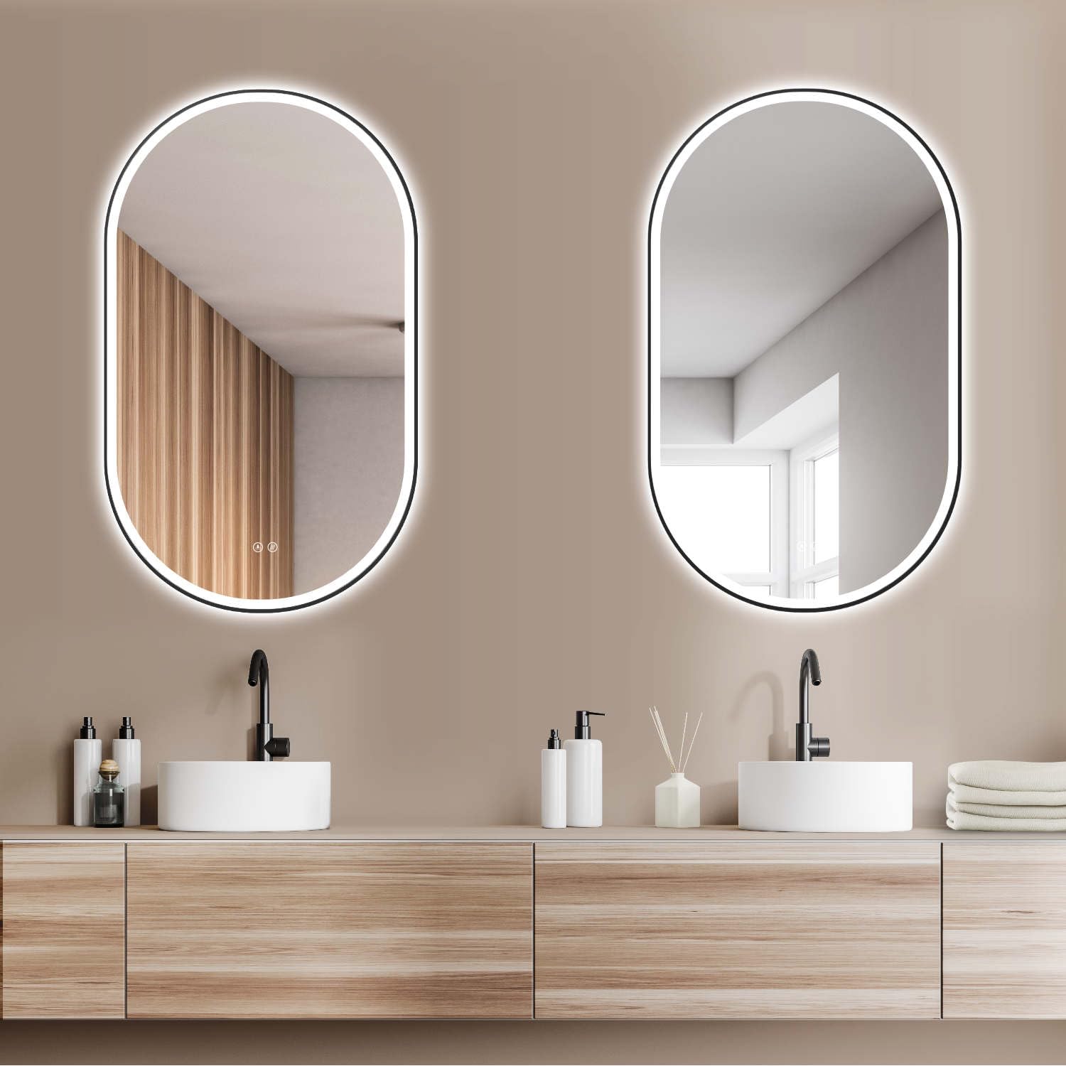 HOKO® Specchio-Bagno Ovale LED Antiappannamento 45x75/75x45cm Montaggio Verticale/Orizzontale. con Cornice Nera+Interruttore Tattile+Luce LED con Variazione di Colore Caldo/Freddo/Neutro 2700-6500K