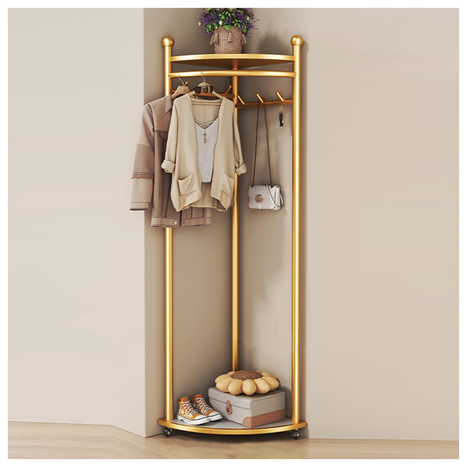 Appendiabiti Angolare Mobile, Appendiabiti Da Ingresso In Acciaio Al Carbonio Con Spazio Di Archiviazione, Appendiabiti Indipendenti, Adatto For La Casa, La Camera Da Letto, Il Soggiorno(Gold)