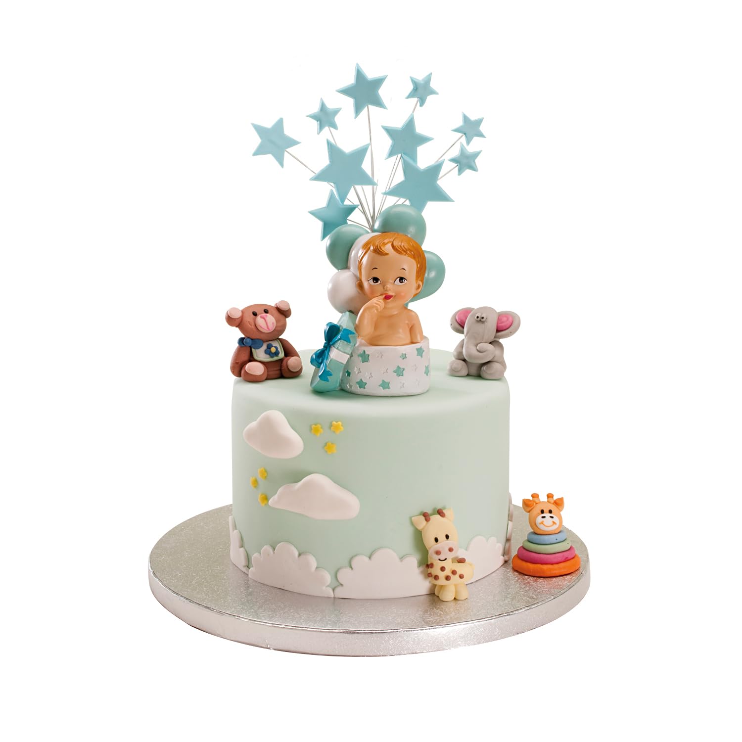 dekora – Décoration Baptême Garçon, Figurine en résine, Bébé avec Cadeau et Ballons, 10 cm, Décoration Gâteau Baptême, Design Original et Détaillé, Cake topper Apte au Contact Alimentaire