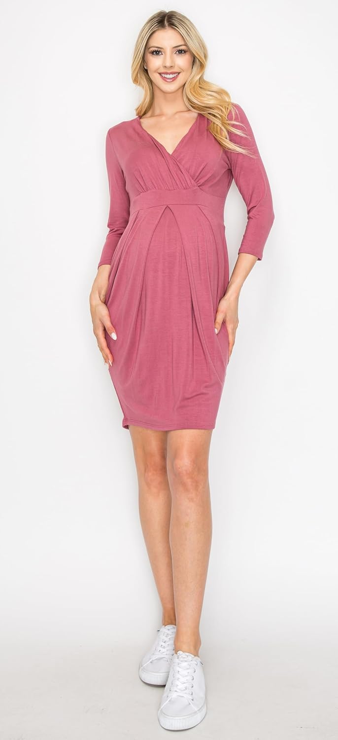My Bump Women Long Sleeve Maternity Nursing Casual V Neck Breastfeeding Pregnancy Dress W/Front Pleat