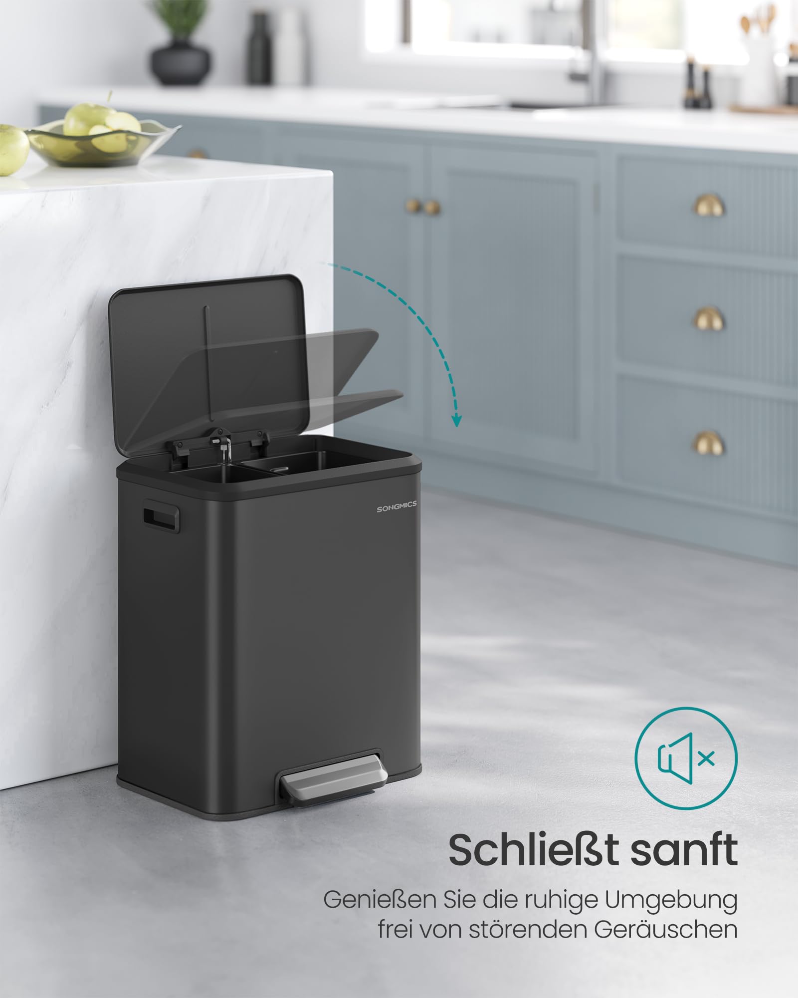 SONGMICS Mülleimer Küche, Mülltrennsystem 2 x 15 L, 2 Fächer für Recycling und Restmüll, Abfalleimer, Inneneimer, Stahl, Softclose-Deckel, breites robustes Pedal, tintenschwarz LTB544B02