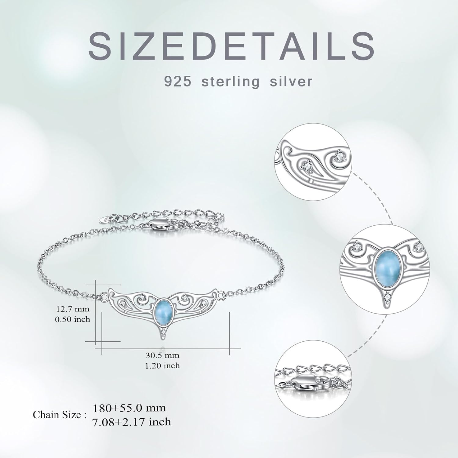 Larimar Bracelet Dainty Whale Tail Blue Bracelet 925 Sterling Silver Whale Tail Ocean Birthday Christmas Gifts Larimar Jewelry for Women Adjustable 7+2"