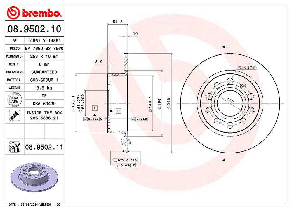 Brembo 08.9502.11 Tylna tarcza hamulcowa z lakierem UV, 2 sztuki
