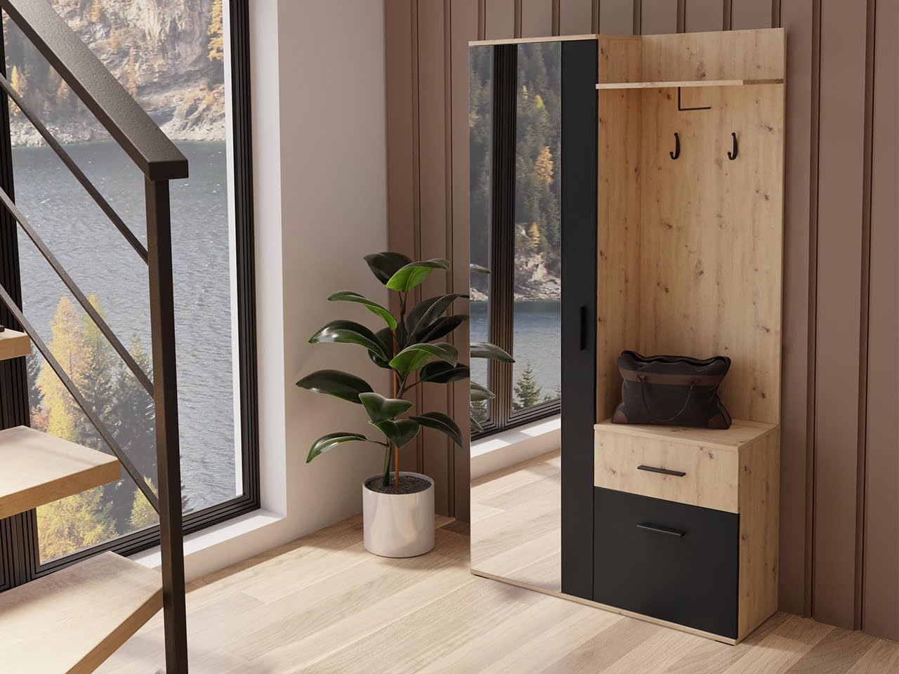 Mirjan24 Garderoben-Set Epic, praktische Wandgarderobe mit 2 Kleiderhaken, Schrank und Schuhschrank geeignet als Flurgarderobe (Artisan/Schwarz)