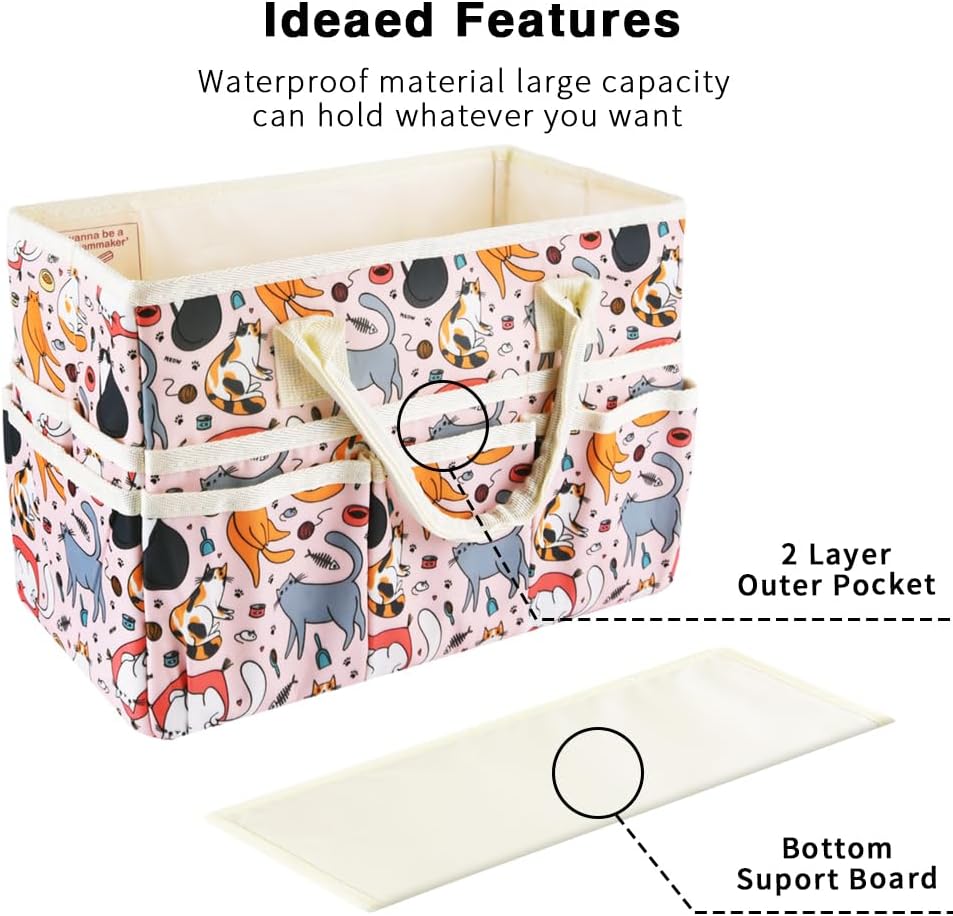 E-WEICHEN Craft Organizer Tote Bag Art Storage Caddy with Multiple Pockets Containers for Art,Craft,and Office Supplies Storage.Pink Cat - Image 5