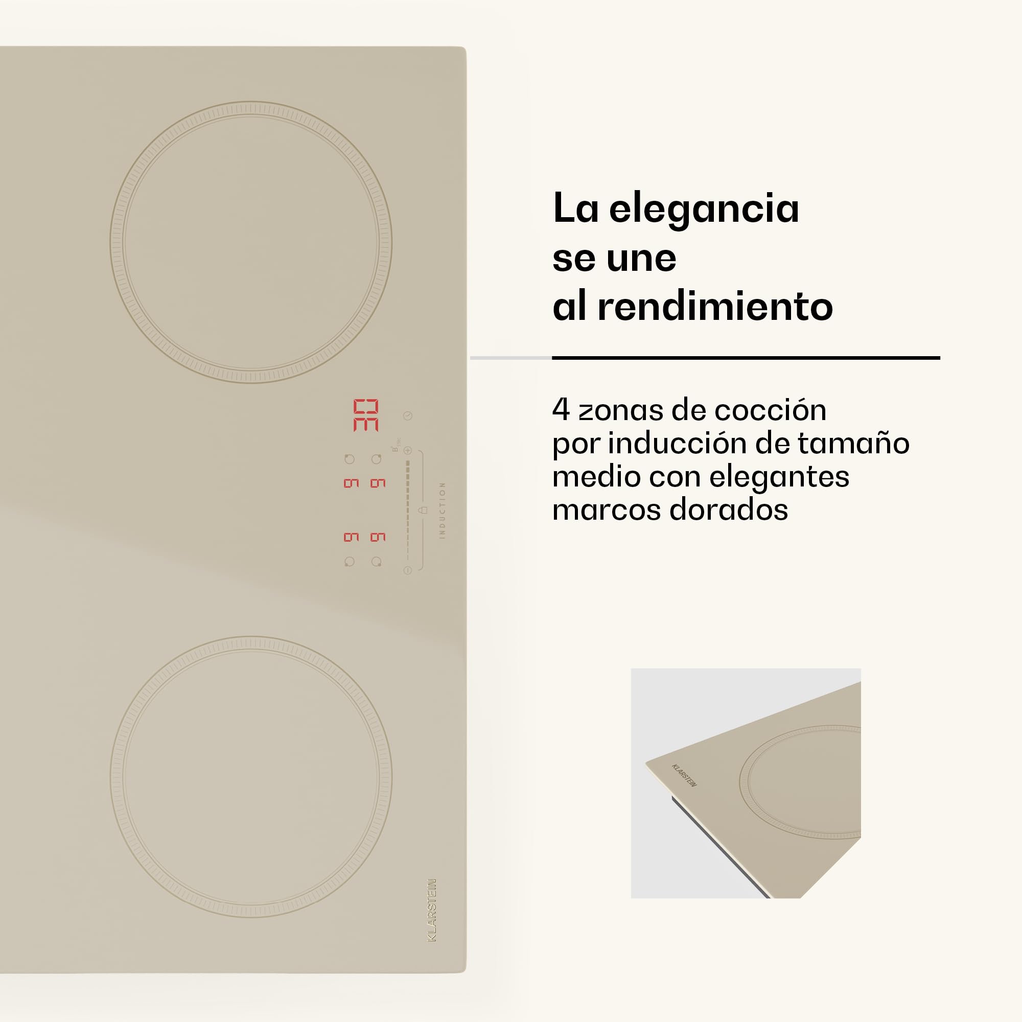 Klarstein Victoria Placa Inducción - 4 Zonas, 7000W Con Potenciadores, Control Deslizante, Temporizador & Bloqueo Infantil, Cristal Cerámico Crema, Diseño Encastrable 59cm