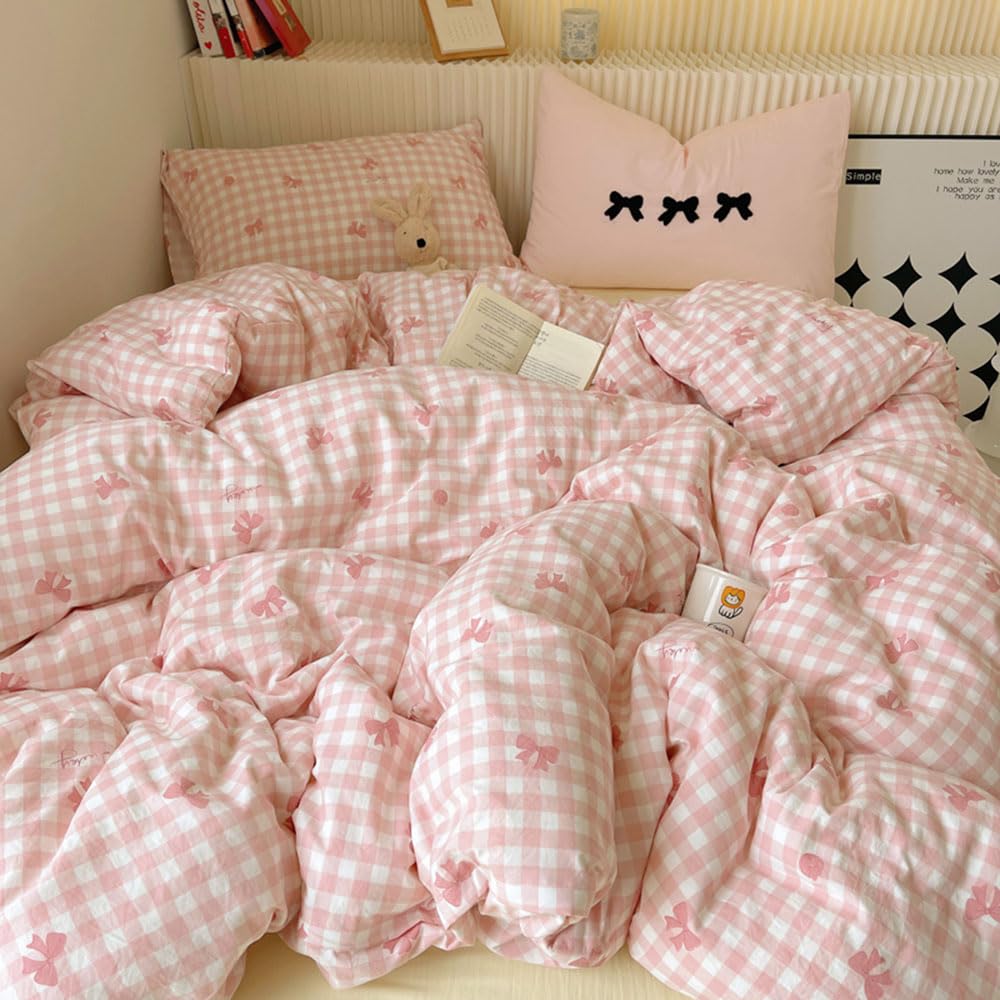 Nyescasa Pink Gingham Bow Duvet Cover Sets Single White Pink Plaid Grid Bows Cute Washed Microfiber Bedding Set Aesthetic Teen Girls Quilt Cover 135x200 with Zipper Closure and 1 Pillowcase 50x75 cm — image 1
