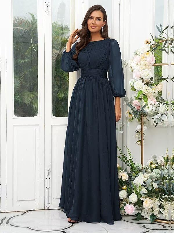 Elegant Chiffon Bridesmaid Dresses for Women Ruffles Scoop Neck Long Sleeves A-line Long Pleated Formal Dress2