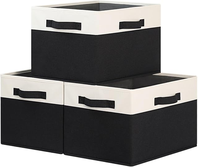 Grandes boîtes de rangement en tissu pour étagères 3 Boîtes de rangement collables avec 3 Poignées de 15x11x9.6 dans des paniers de rangement rectangulaires pour étagères (blanc et noir)