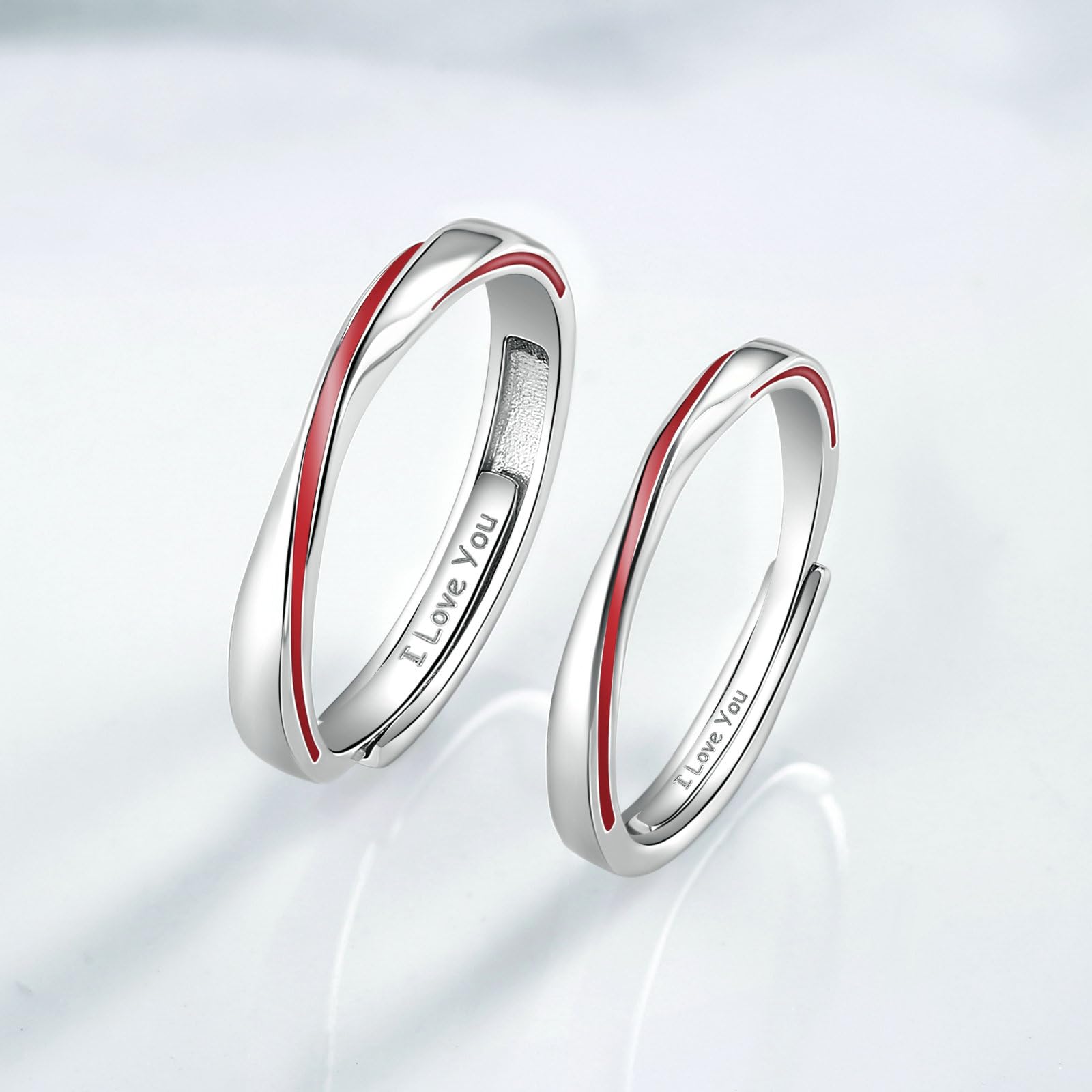 Anello Filo Rosso Coppia, Anelli Donna Regolabili Argento Sterling con Linea Rossa Anelli di Fidanzamento Donna Incisione Anniversario Matrimonio Anelli per Lui e Lei