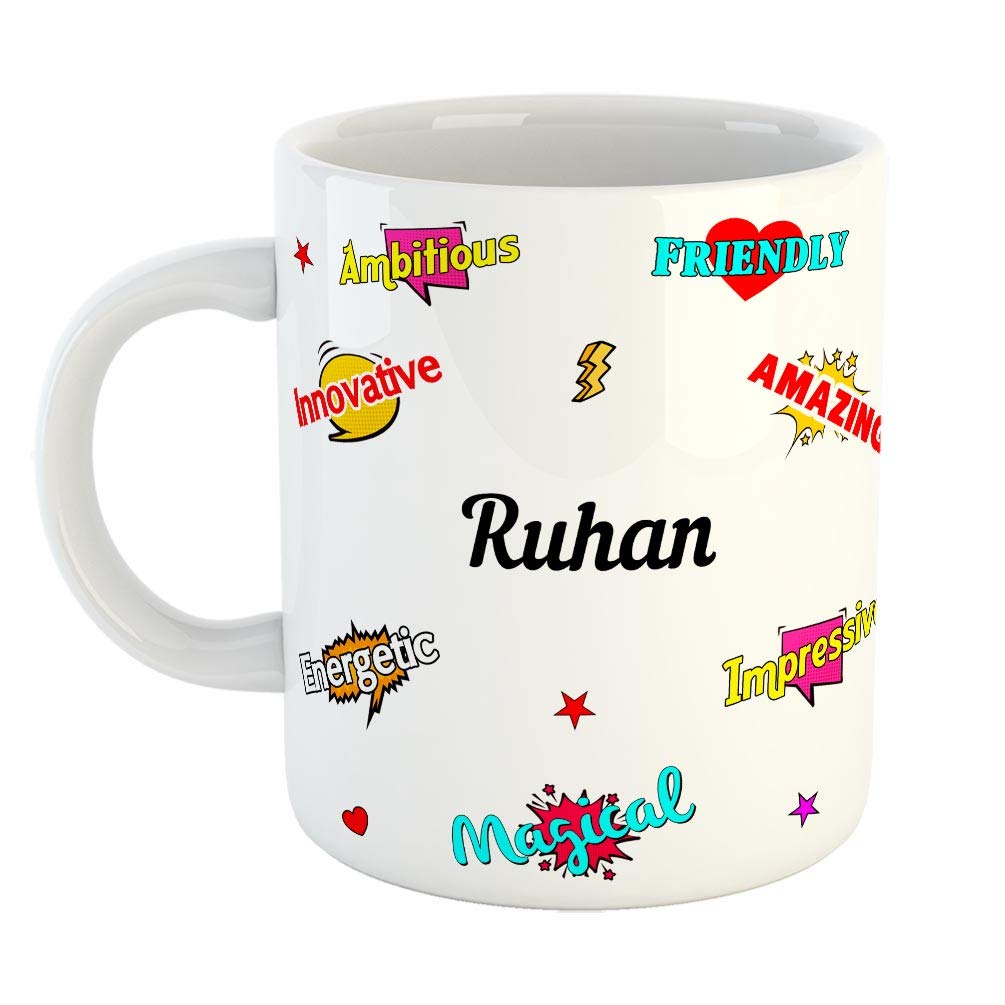 FurnishFantasy Ceramic Coffee Mug - Happy Birthday Gift, Gift for Kids, Return Gift - Color - White, Name - Ruhan