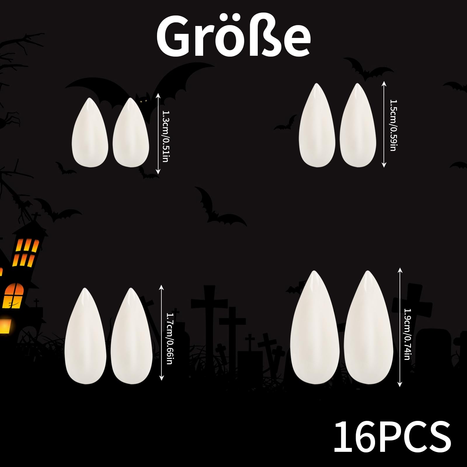LOMIMOS Zęby wampira, zawiera 2 pary zębów wampira w czterech różnych rozmiarach, z 1 tubką kleju na zęby i pęsetą, na imprezę Cosplay, rekwizyty Halloween, imprezę, kły