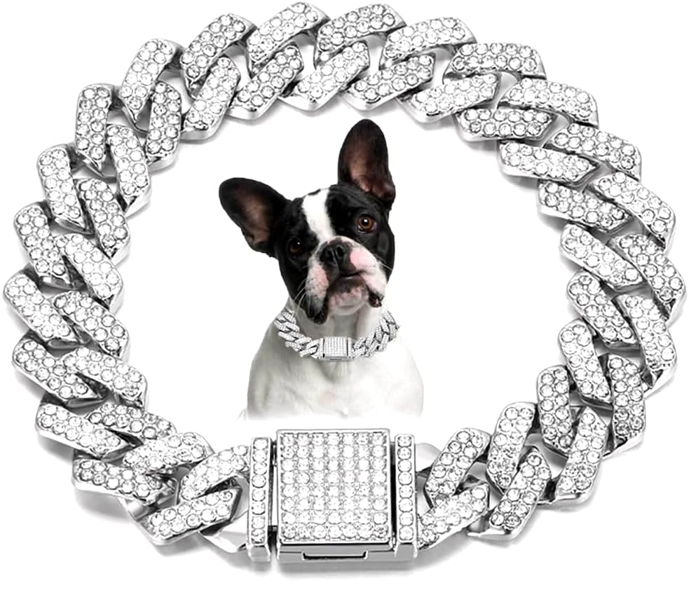 Image of Serijoars Dog Chain Diamond Collar, Bling Diamond Cuban Link Puppy Collars Glitter Chain Rhinestone Dog Necklace for Small Medium Large Pet Dogs (Silver, 24 inch)
