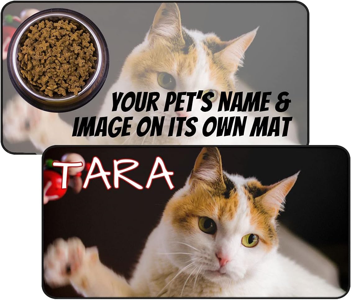 Custom Large Cat Food Mats (15.5”x31.5”) - Add Photo, Picture and Pet's Name - Personalized Food and Water Bowl Placemat for Dogs, Cats