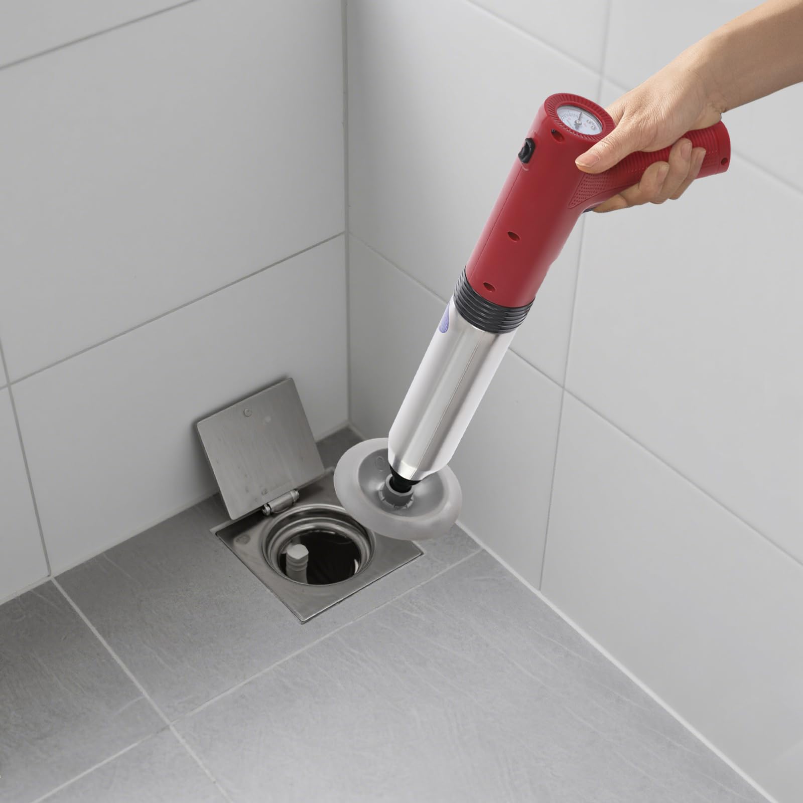 Pulitore elettrico per tubi ad aria compressa, 5 bar, 3 testine, 1500 mAh (rosso) | Manometro in tempo reale, tempo di ricarica 4-5 ore, 30 applicazioni per carica, privo di sostanze chimiche ed ecologico