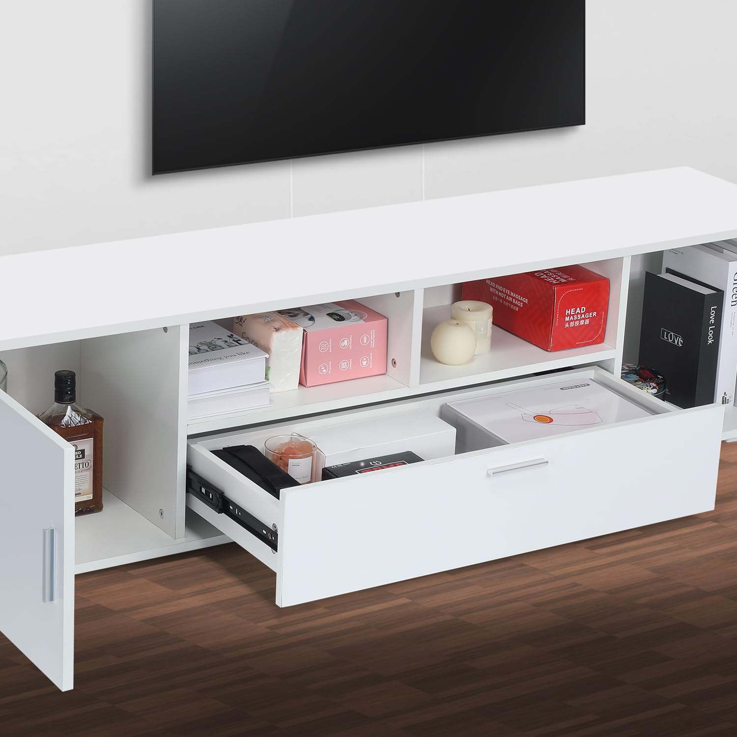 TV-Schrank LED, TV Lowboard mit Großem Stauraum, Fernsehtisch mit RGB LED-Beleuchtung, TV Board für Wohnzimmer Schlafzimmer, Weiß 160x 35 x 40 cm