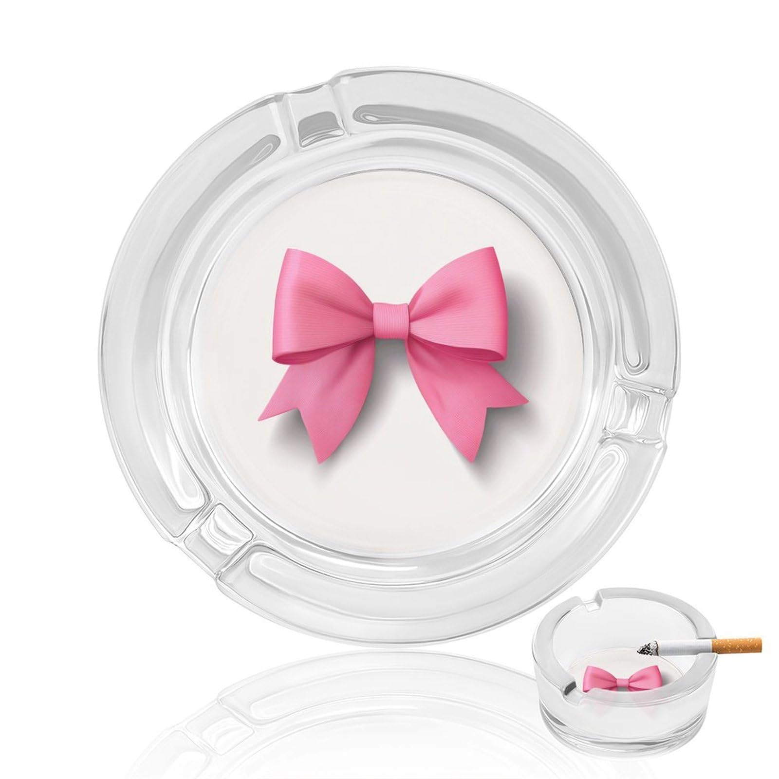 Pink Ribbon Bow on White Glass Ashtray for Cigarettes Portable Decorative Ash Trays for Home Office Decor
