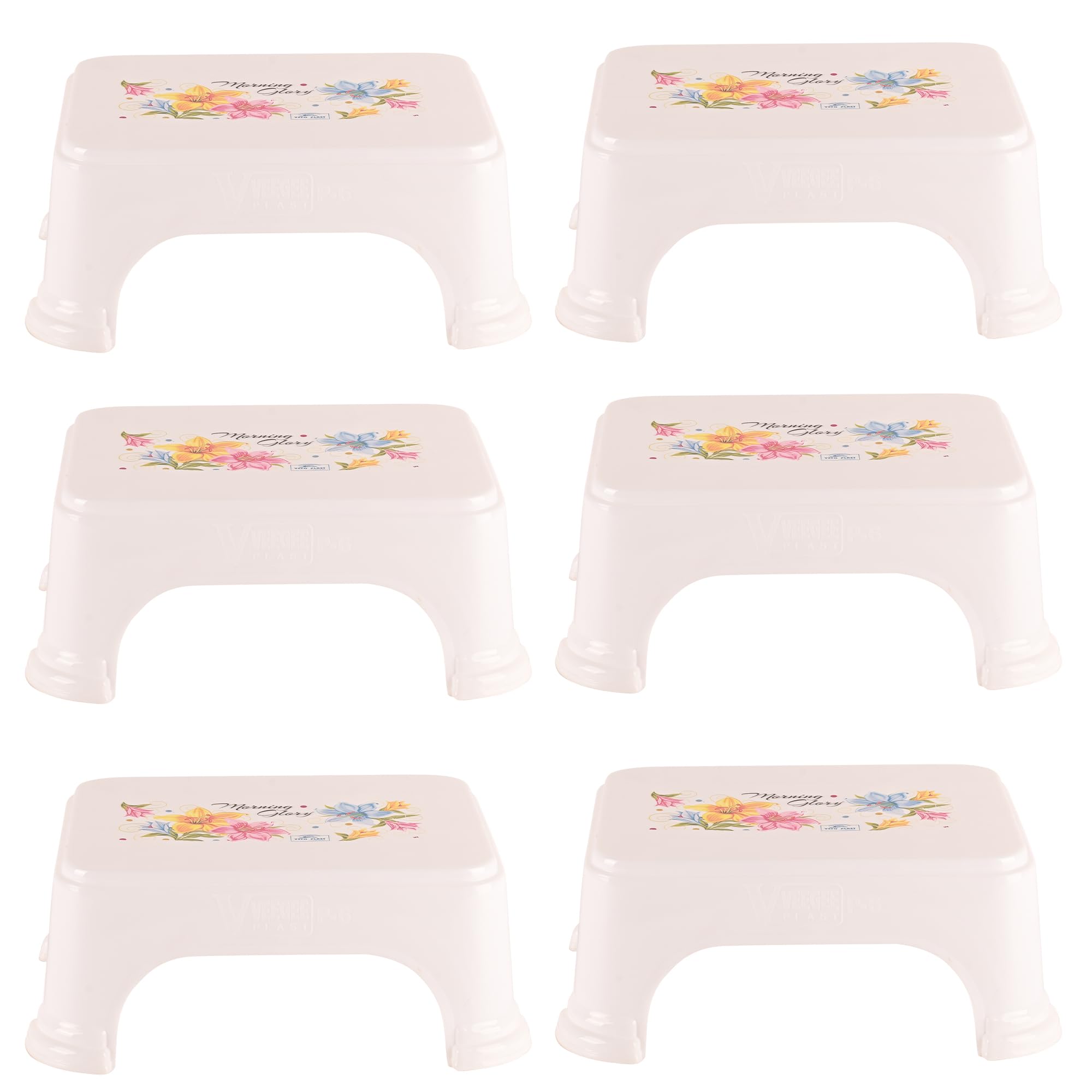 Kuber Industries Pack of 6 Bath Stool for Bathroom | Plastic Stools for Sitting | Bathroom Stool for Bathing | Flower Print Square Stool | White