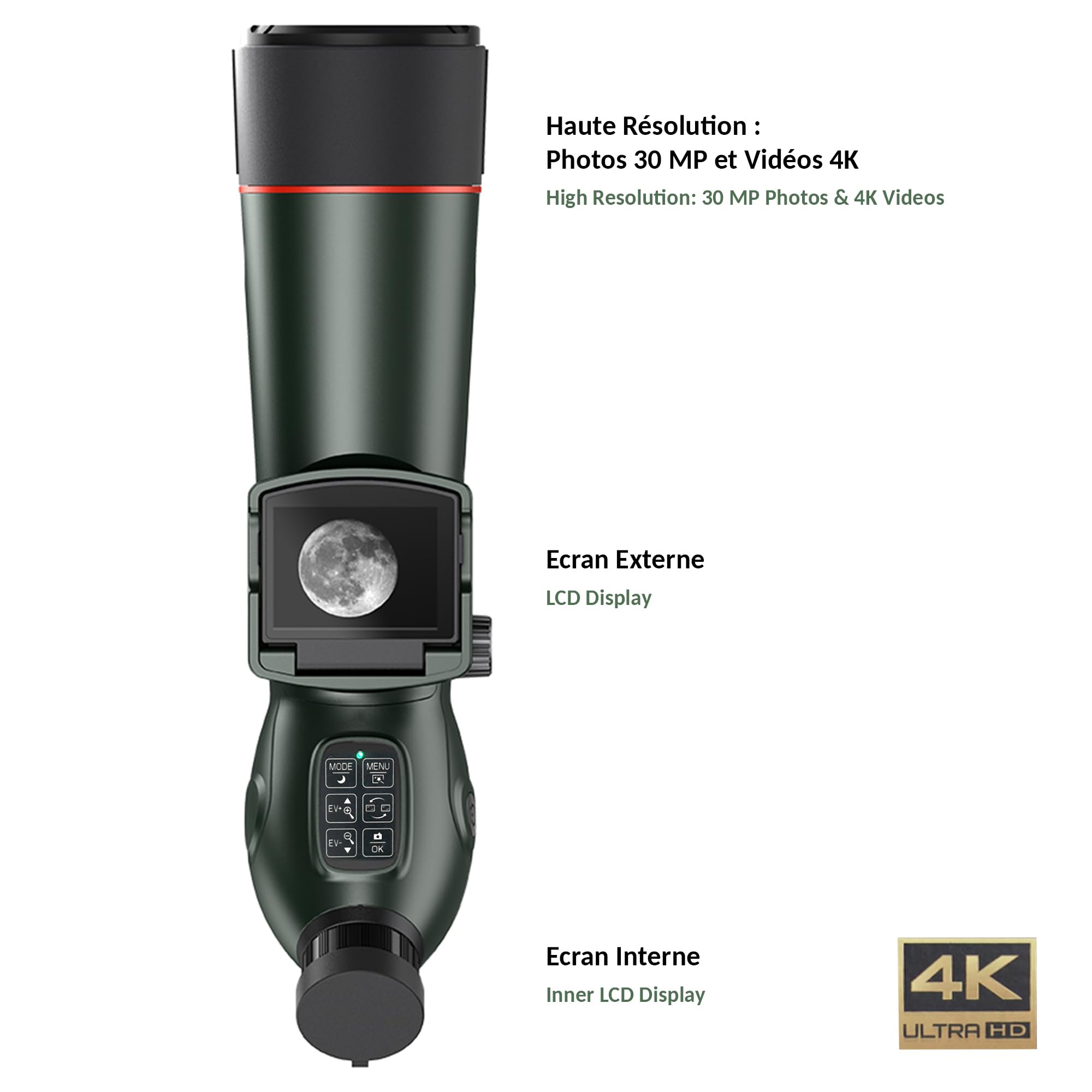 FISHTEC Monoculaire Numérique 4K - Télescope Longue Vue Grossissement x350 Zoom 18x Double Écran et Enregistrement Photo Vidéo 30MP - Rechargeable avec Trépied et Sac de Transport pour Nature et Ciel