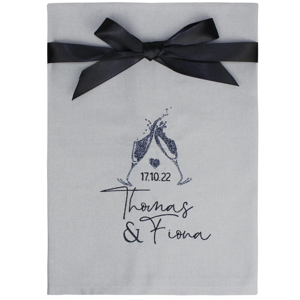 Personalised Grey & Black Embroidered Wedding Date Tea Towel