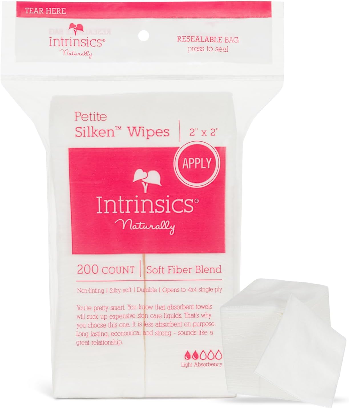 Intrinsics Petite Silken 2x2 Esthetic Wipes (200 Count) | 4-Ply Premium Lint-Free Facial Wipes & Cotton Pads for Face | Low-Absorbency Face Pads for Toner & Makeup Removal