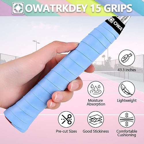 Miniatura 2 de Paquete de 15 cintas de agarre para raquetas de tenis, precortadas de poliuretano, antideslizantes, con sensación seca, absorción de sudor, agarre
