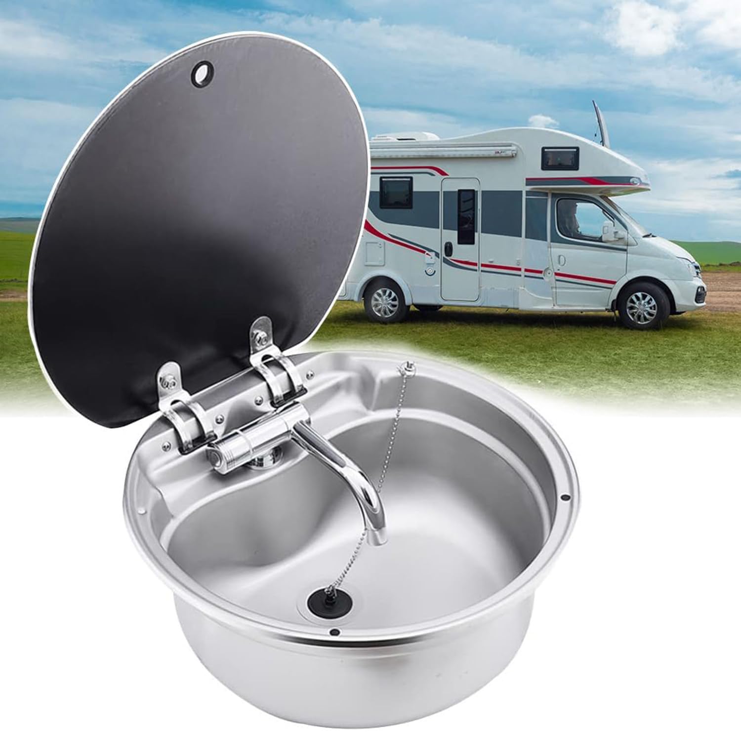 HADECOLL Stainless Steel Sink with Glass Lid - Drop-in Hand Wash Basin for RV, Camper, Caravan, and Yacht,