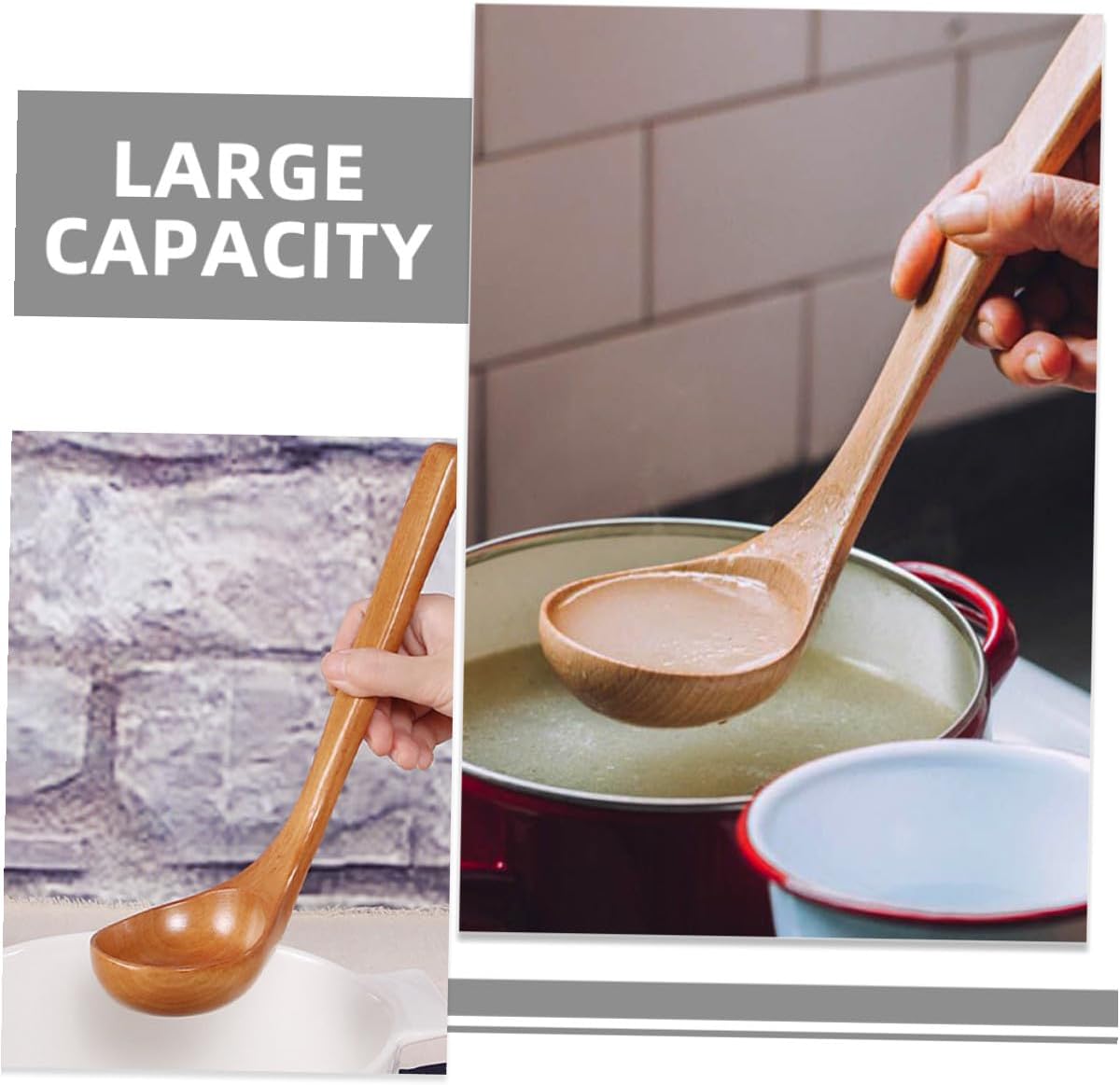 Garneck Japanese Wooden Soup Ladle Long Handle Large Serving Spoon for Asian Soups Ramen and Hot Pot Kitchen Cooking Utensil Light Wood