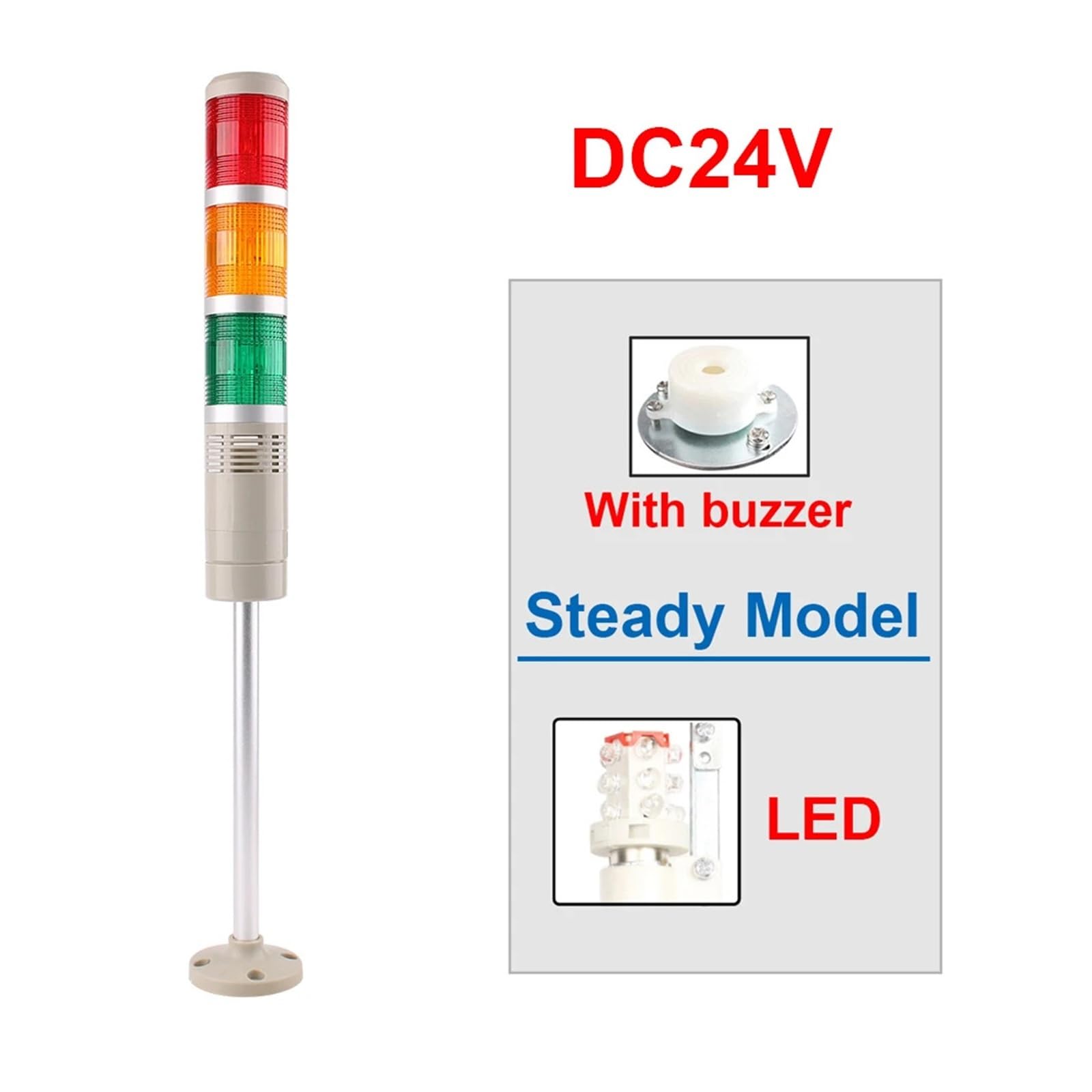 Przemysłowe lampy ostrzegawcze DC 12 V, 24 V, 110 V, 220 V, przemysłowe światło ostrzegawcze, ciągły błysk, lampka LED z brzęczykiem (stały i dźwiękowy 24 V)