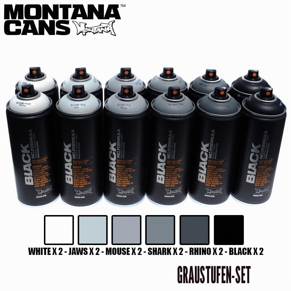 Montana Black 400 ml Set mit 12 Graffiti Street Art Mural Spray Paint, grau, Black
