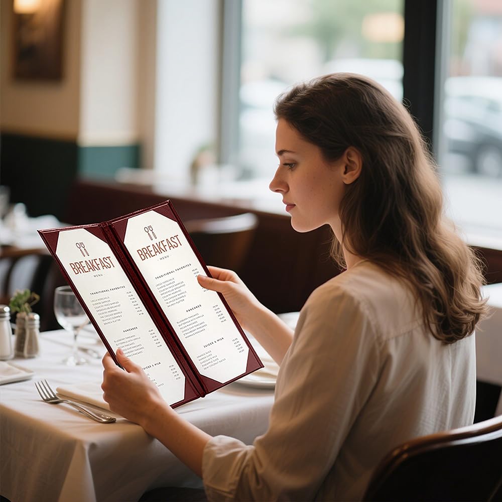 Goodsmart Columbia Casebound Menu Covers – 5-Pack, Burgundy Premium Faux Leather Restaurant Menu Holders, 4.25