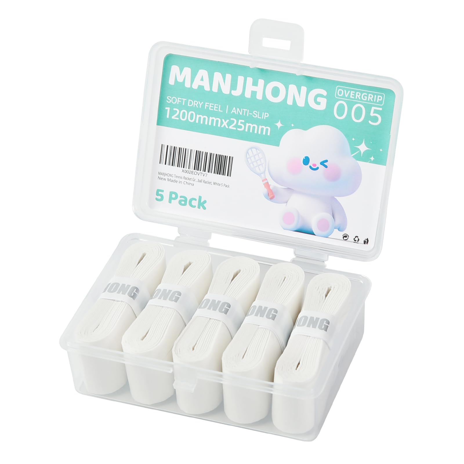 MANJHONG Badminton Racket Grip Tape with Storage Box - Tennis Overgrip - Soft & Non-Slip Handle Tape for Padel, Squash Racquet, White 5 Pack