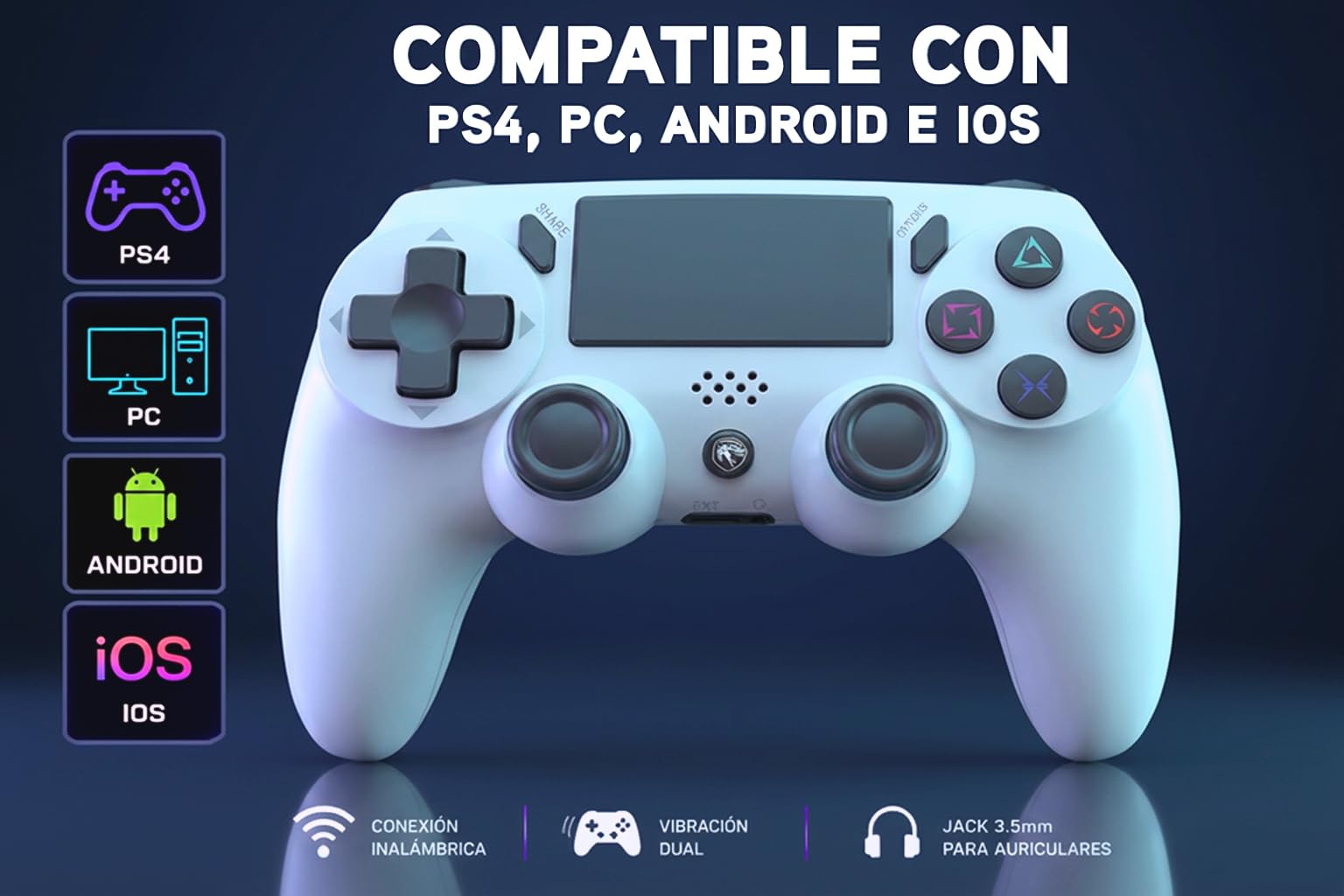 Manette sans fil blanche Bluetooth compatible avec PS4, PS3, PC, Android, Windows Gamepad 6 axes avec vibration Double lumière LED Joystick Rechargeable Jeux Shooters Courses Sports Action