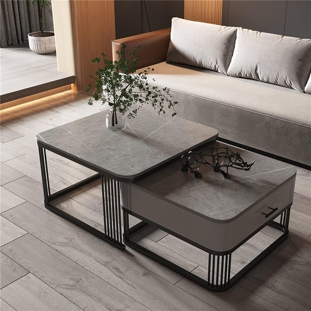 20"x20" Modern Square Drawer Coffee Table with Marble Finish Top & Gold Metal Frame, Cocktail Table Living Room, Elegant Center Table Set of 2 – for Home, Apartment (Black & Grey)-picture-24